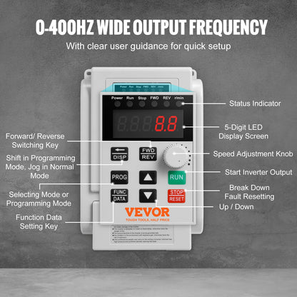 Vevor - Frequentieomvormer - 2.2KW - VFD - AC 240V enkele fase - 400Hz - 3HP - 10A - Snelheidsregelaar voor waterpompmotor CNC - Wit - QUORE