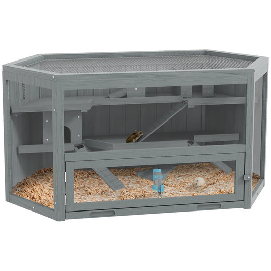 Hamsterkooi – Knaagdierenkooi – Dierenkooi – Houten Kooi – Kleine Huisdierenkooi – 3 Niveaus Met Trap – Duurzaam Acaciahout Met Plexiglas - QUORE