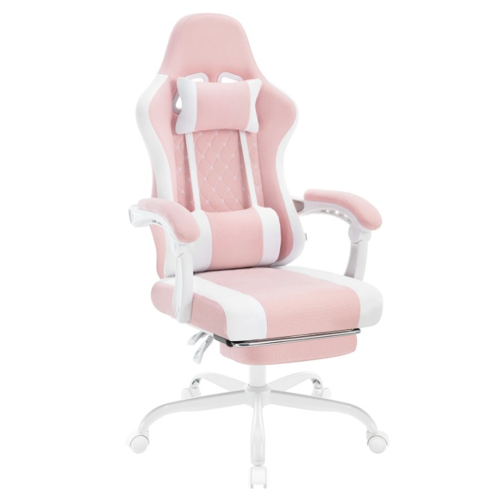 Gaming Stoel - Massage Gaming Stoel - Bureaustoel - Swivel Stoel - met Voetsteun - Hoofdsteun - Verstelbare - Rugleuning - Lendenkussen - Ergonomische - Draaibare - 70 x 70 x 127 cm - Wit & Roze