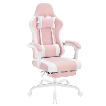 Gaming Stoel - Massage Gaming Stoel - Bureaustoel - Swivel Stoel - met Voetsteun - Hoofdsteun - Verstelbare - Rugleuning - Lendenkussen - Ergonomische - Draaibare - 70 x 70 x 127 cm - Wit & Roze