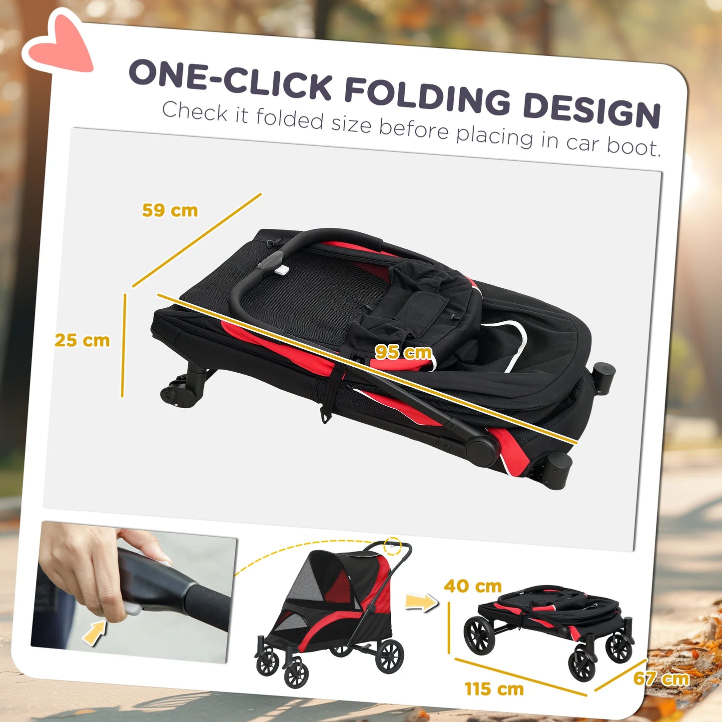 Hondenbuggy – Hondenwagen – Huisdierenwagen – Pet Stroller – Opvouwbare Wandelwagen – Geschikt Tot 30 kg – Stevig Stalen Frame - Zwart-Rood