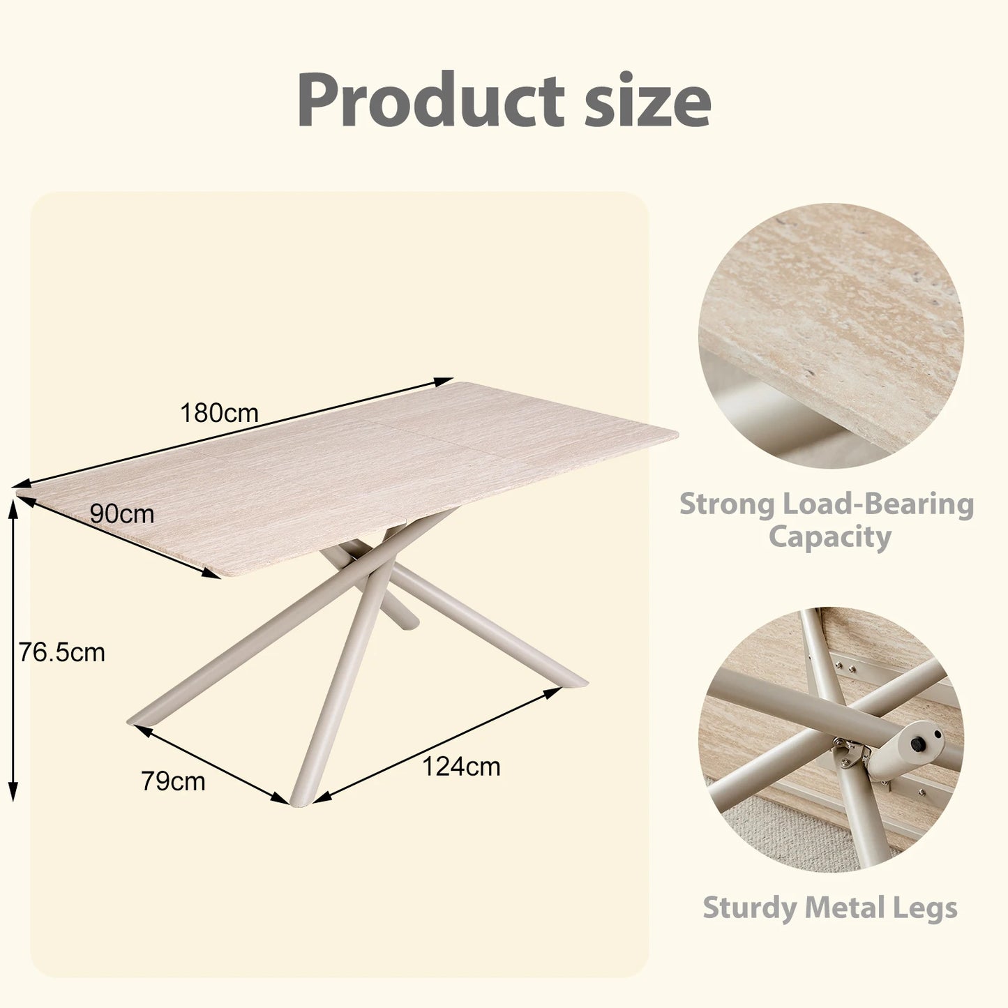 Eettafel – Dinertafel – Tafel – Eetkamertafel – Rechthoekige Blad – Imitatiesmarmeren Blad – Kruisframe Metaal - 180 x 90 x 76.5 cm - Houtkleur