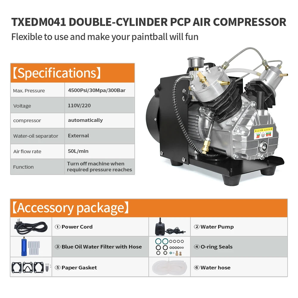 Luchtcompressor - Compressor - Luchtpomp - Airpress Compressor - 4500Psi - Dubbele Cilinderkop – Hoge Druk - Ingebouwde Ventilator – Geschikt voor Scuba Tank en PCP Luchtgeweren – 6.8L Capaciteit