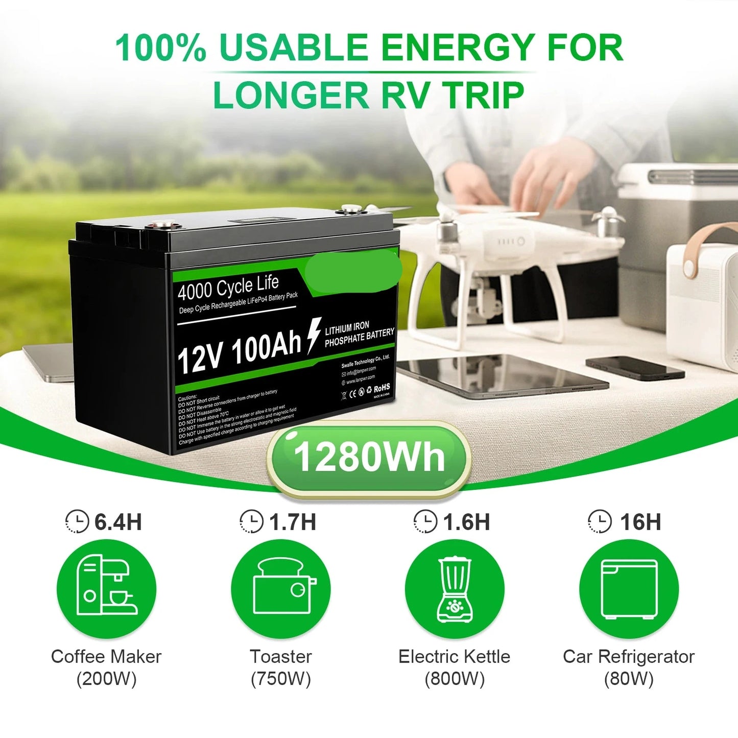 LiFePO4 Batterij – 12V Accu – Camper Accu – Zonne-energie Batterij – Energieopslag – 100Ah Capaciteit – IP65 Behuizing
