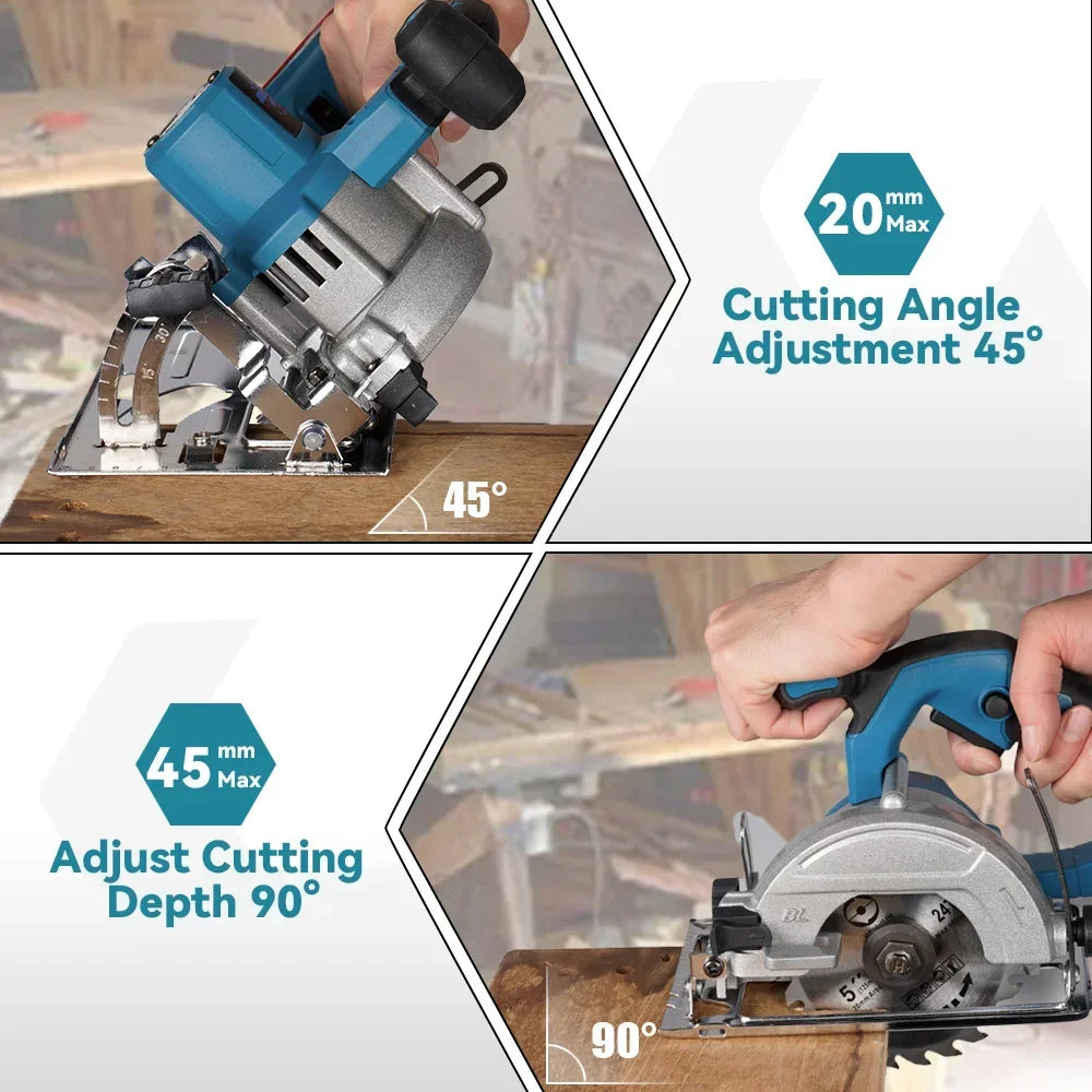 Accu Cirkelzaag - 125 mm Zaagblad - Handcirkelzaag - 0-45° Verstekzaag - Brushless Motor - Voor Hout - PVC - en Tegels - 10800RPM - Zonder Accu