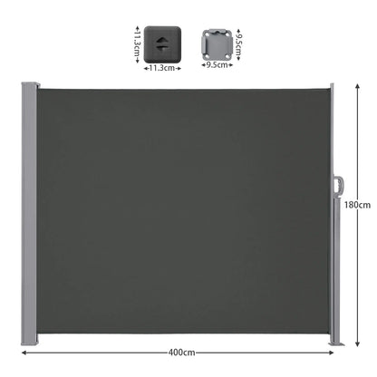 Uitschuifbaar Zijscherm – Balkon Scherm – Privacy Scherm – Windscherm – Zonwering – Waterafstotend Polyester – Robuust Metalen Frame - 180x400cm - Grijs