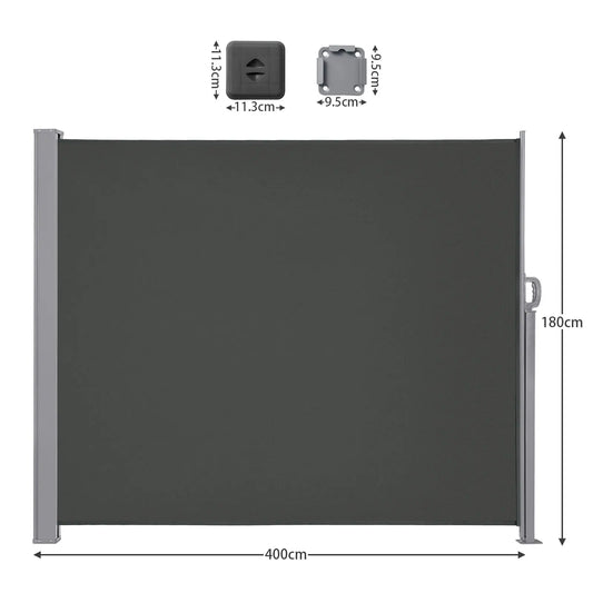 Uitschuifbaar Zijscherm – Balkon Scherm – Privacy Scherm – Windscherm – Zonwering – Waterafstotend Polyester – Robuust Metalen Frame - 180x400cm - Grijs