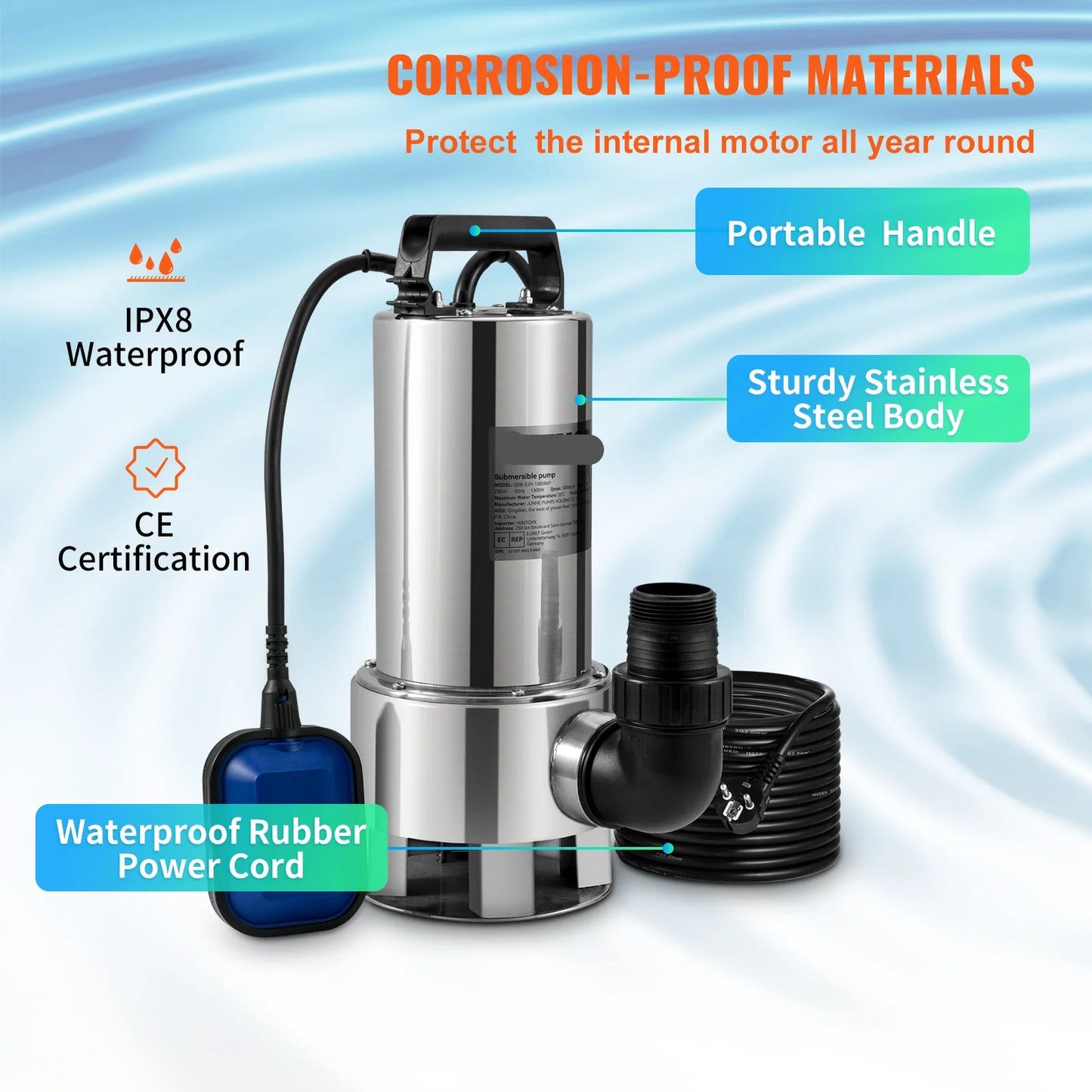 Dompelpomp - Waterpomp - Pomp - Vuilwaterpomp - 1300W - RVS - 20000L/H - met 10 Meter Snoer - voor Kelder, Zwembad en Vijver