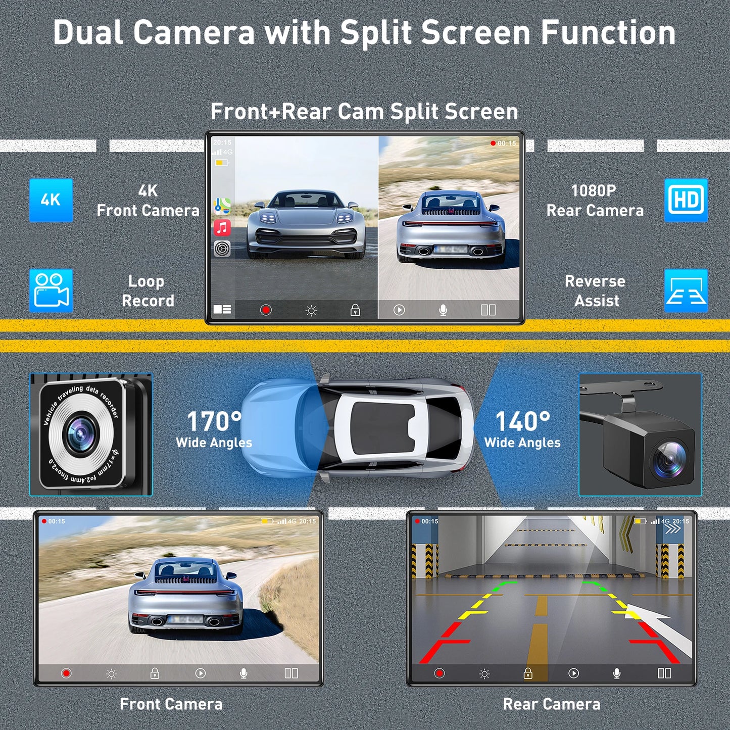 Navigatiesysteem Auto - Dashcam voor auto - GPS Navigatie - Draadloze - 2.5K DVR - Bluetooth Audio - ADAS Systeem - 9" - Achteruitrijcamera - Spraakbesturing