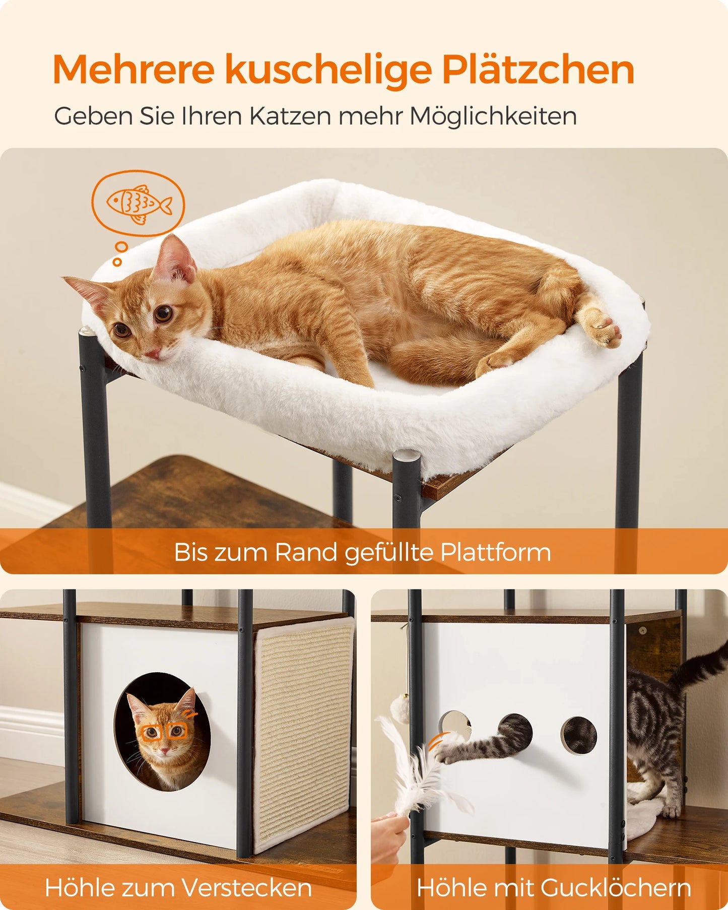 Krabpaal - Kattentoren - met Krabmat - Groot Platform - Perfect voor  Een Dutje Doen - Sporten - Spelen - Spaanplaat - Zacht pluche - 80 x 40 x 153 cm - Bruin/Wit - QUORE