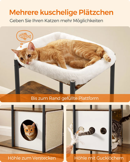 Krabpaal - Kattentoren - met Krabmat - Groot Platform - Perfect voor  Een Dutje Doen - Sporten - Spelen - Spaanplaat - Zacht pluche - 80 x 40 x 153 cm - Bruin/Wit - QUORE