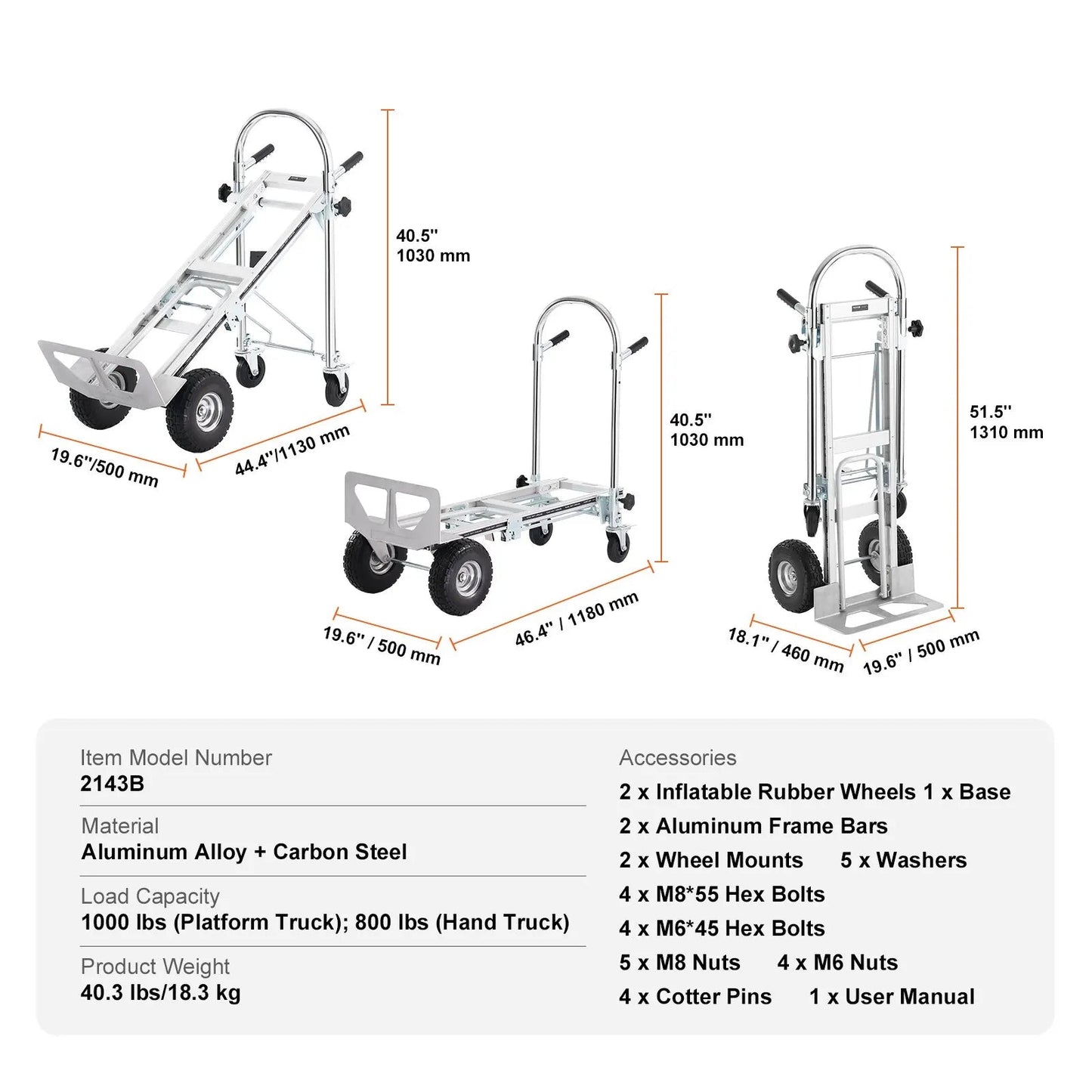 Steekwagen - Transportkar - Transportwagen - Magazijnwagen - Platformwagen -  4 in 1 - Opvouwbare - Aluminium - 450 kg Capaciteit - Heavy-Duty Trolley voor Magazijn, Supermarkt en Tuin - Steekkar