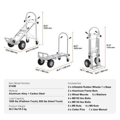 Steekwagen - Transportkar - Transportwagen - Magazijnwagen - Platformwagen -  4 in 1 - Opvouwbare - Aluminium - 450 kg Capaciteit - Heavy-Duty Trolley voor Magazijn, Supermarkt en Tuin - Steekkar