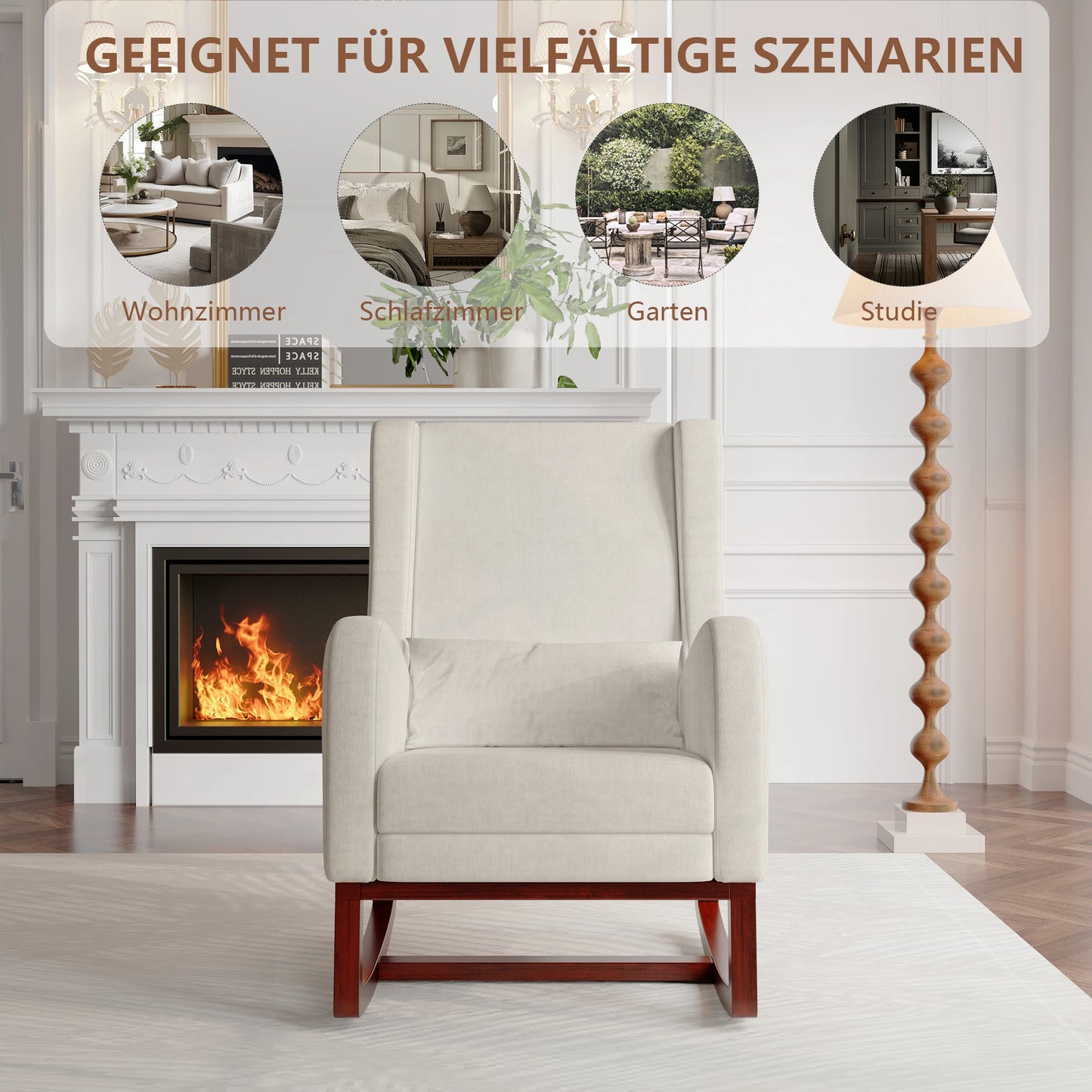 Schommelstoel – Relaxstoel – Fauteuil – Woonkamerstoel – Voedingsstoel – Beige Fluwelen Stoffering – Verstelbare Voetensteun & Lendenkussen