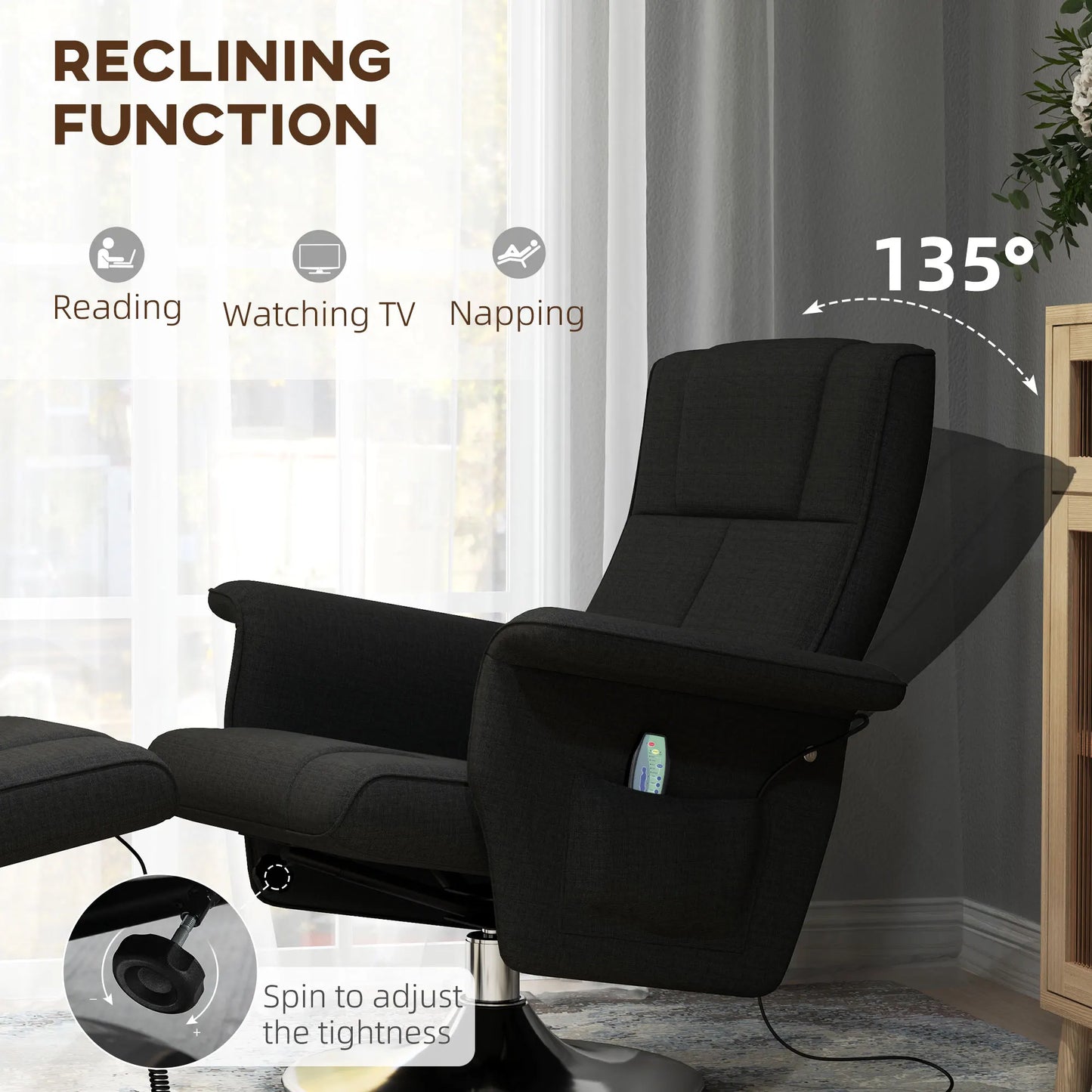 Elektrische Relaxstoel – Massagefauteuil – Verstelbare Stoel – Draaibare Zitting – Voetenbank – 5 Massagestanden – Rugleuning 135°