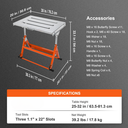 Lastafel - Mobiele Werkbank - Draagbare Werkbank - Opvouwbare - Stalen Tafelblad - met 3 Kantelbare Hoeken - 77 x 57 x 84 cm - Zilver & Oranje