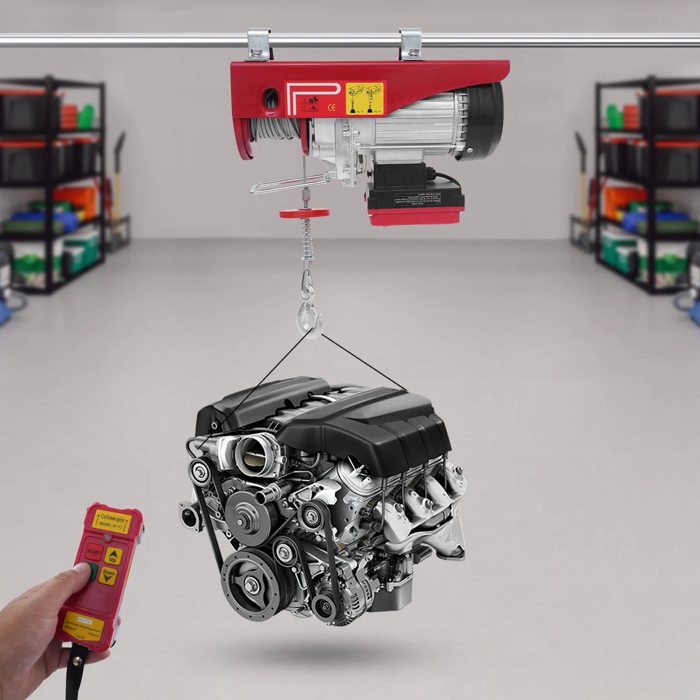 Elektrische Takel – Elektrische Kraan – Hefmachine – Takelset – Hijskraan – Rood – 850W Krachtige Motor – Draadloze Afstandsbediening Tot 80 Meter