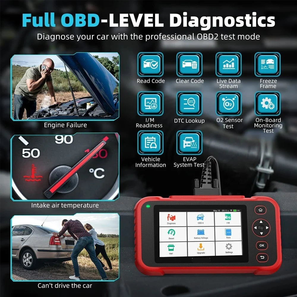 OBD2 Diagnosescanner – Autodiagnose – Foutcode Uitlezer – Motor Diagnostiek – ABS Controle – 5 Inch Touchscreen – 12 Servicefuncties