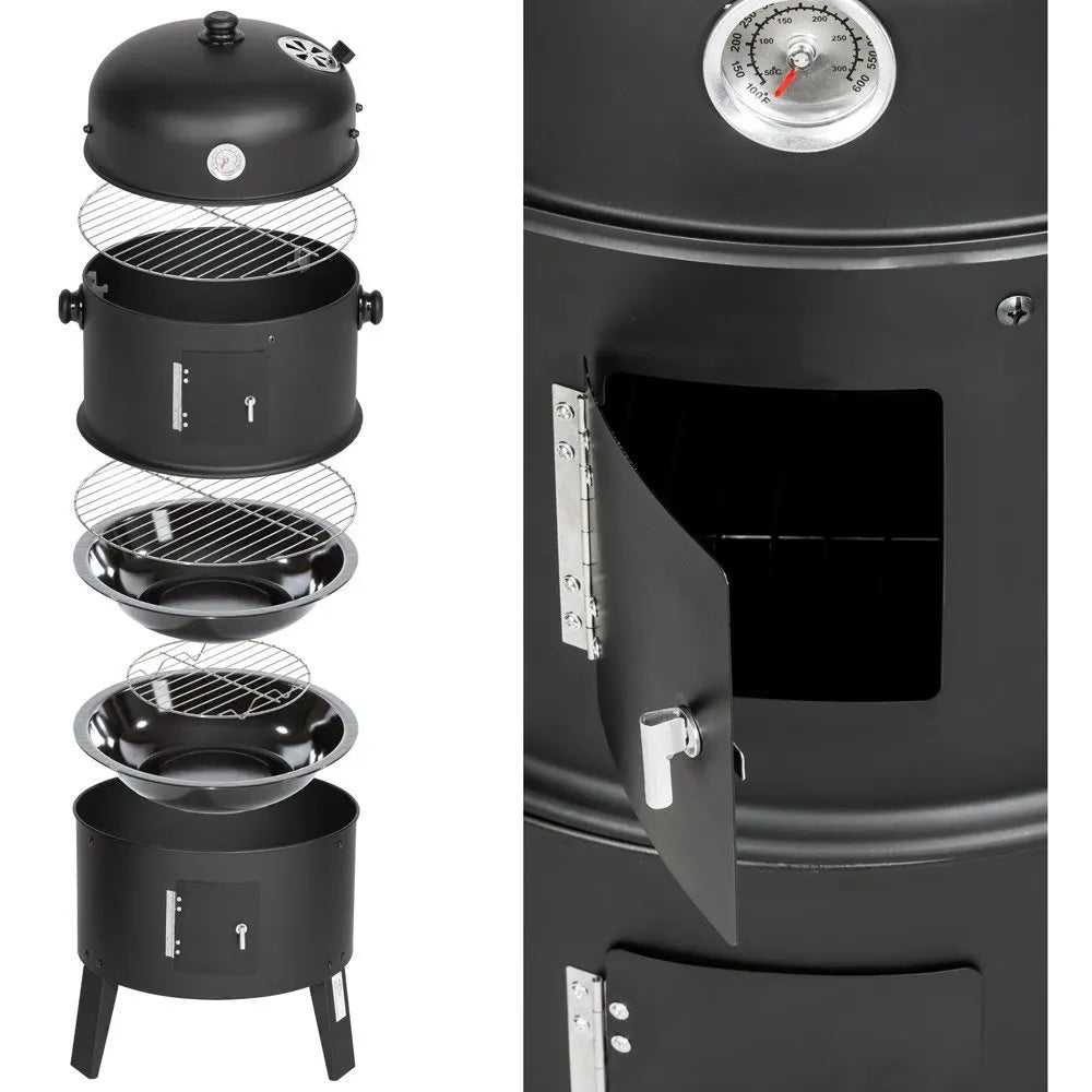 3 in 1 Barbecue - Houtskool Grill - BBQ - Smoker - Met Thermometer - Roken, grillen en Koken - Diameter 41 CM - Zwart - - QUORE