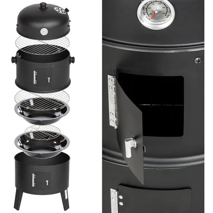 3 in 1 Barbecue - Houtskool Grill - BBQ - Smoker - Met Thermometer - Roken, grillen en Koken - Diameter 41 CM - Zwart - - QUORE
