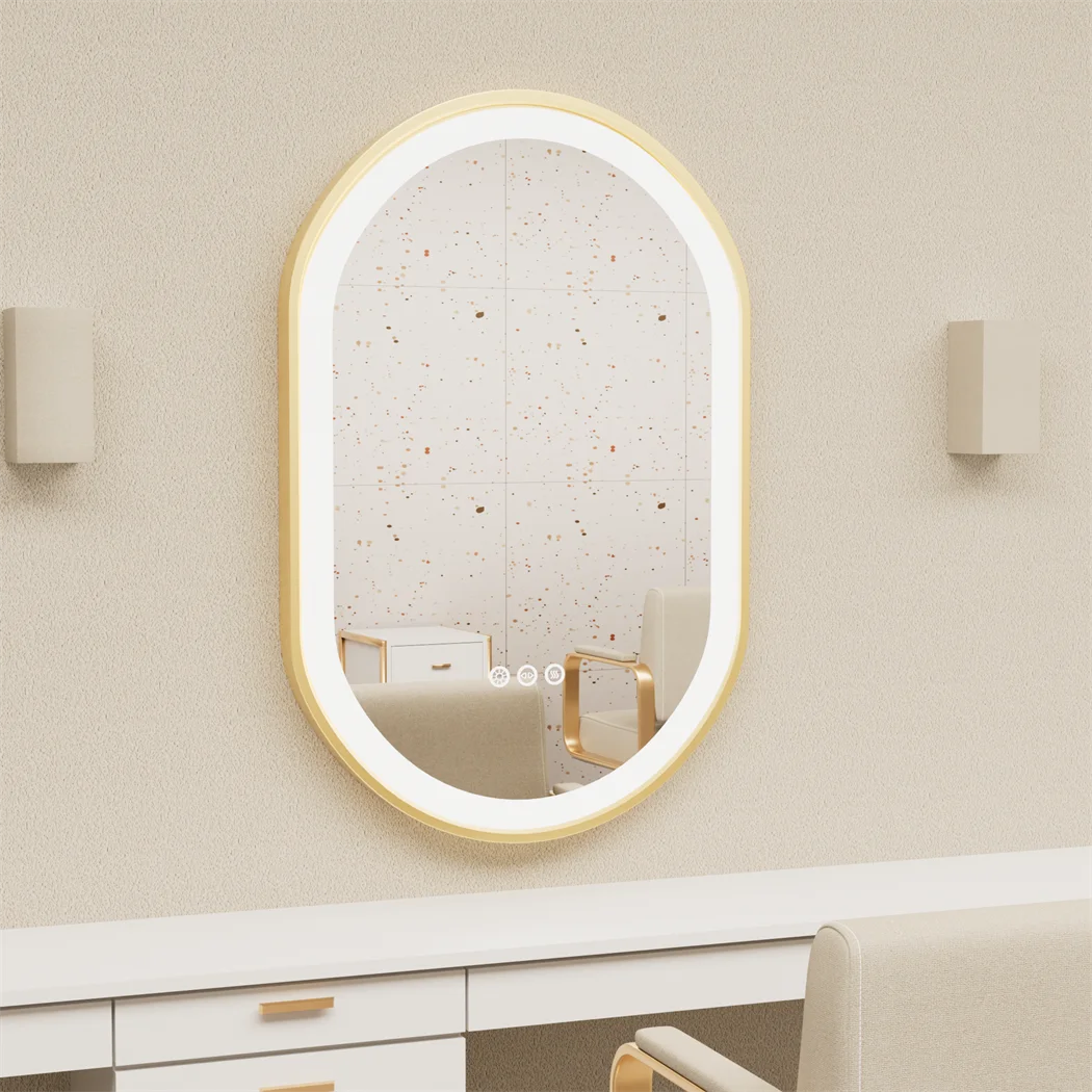Badkamer Spiegel - Ovalen LED - Wandspiegel - Gouden Aluminium Frame - met Demister Pad - 3 Lichteffecten - 80x50CM