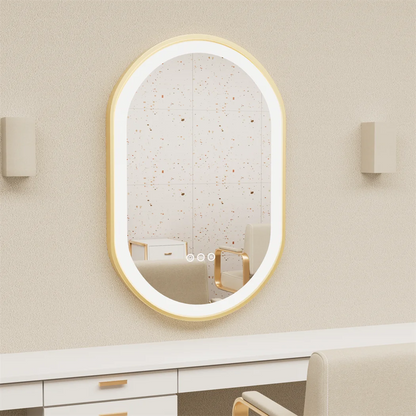 Badkamer Spiegel - Ovalen LED - Wandspiegel - Gouden Aluminium Frame - met Demister Pad - 3 Lichteffecten - 80x50CM