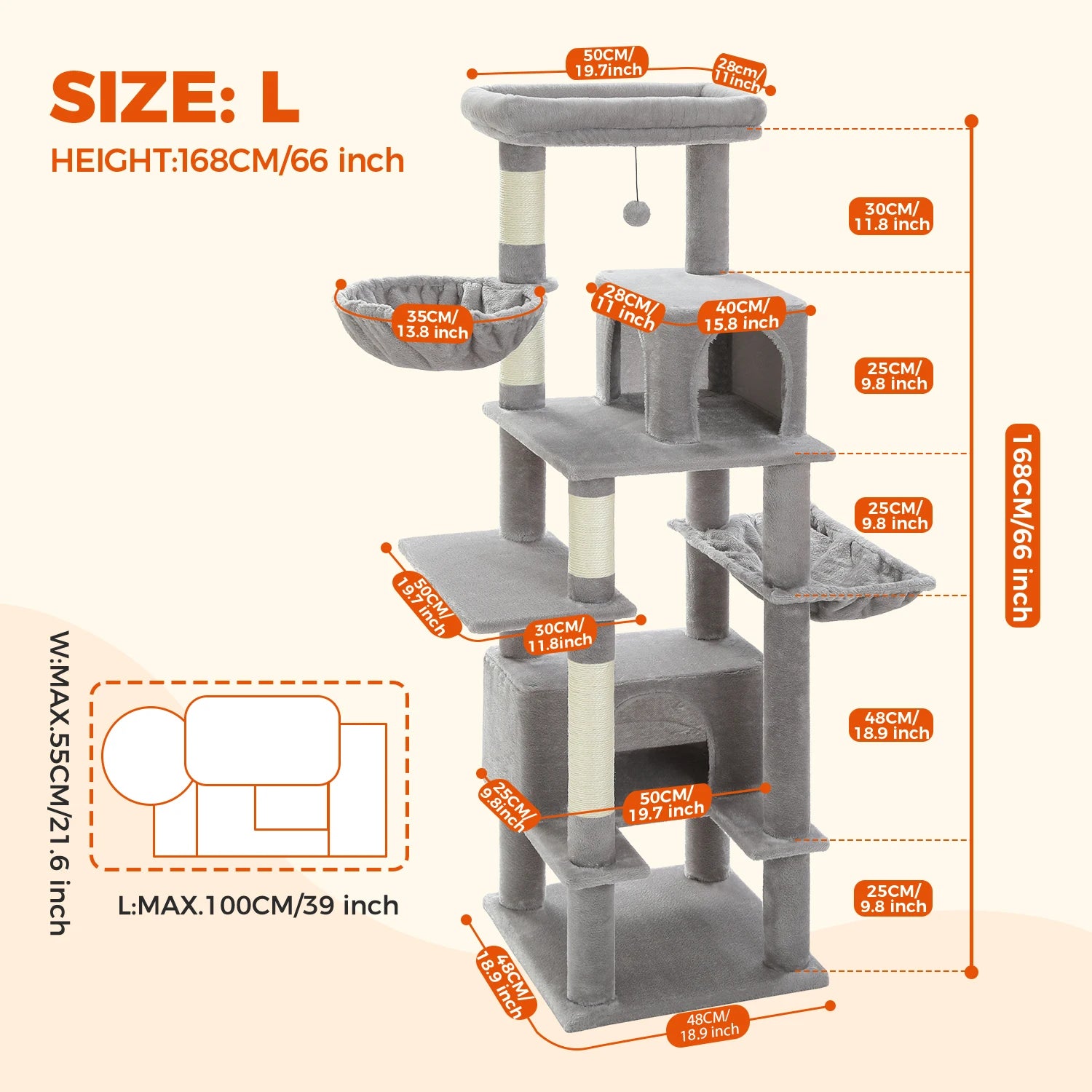 Krabpaal - voor Grote Katten – Kattenboom - met Sisal Krabpalen - 2 Grote Kattenhuizen - en Metalen Hangmat – Meerdere Verdiepingen - Arbre a Chat - XL - 168 cm Hoog – Geschikt voor Binnen – Stevig en Stabiel - Grijs - QUORE