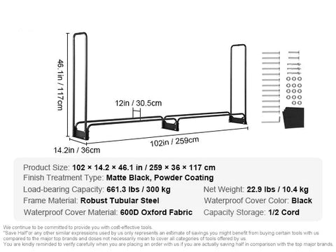Firewood Rack - Firewood Rack - Indoor Wood Storage - Wood Storage - Wood Rack - Indoor Firewood Rack - Firewood Storage - Firewood Rack - Outdoor Firewood Rack - 600D Oxford Waterproof Cover - 102x12x46 inch - Black