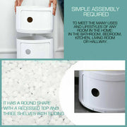 Moderne Ronde Opbergkast – 3 Lagen – Compact Nachtkastje – ABS Kunststof – Stijlvolle Bijzettafel met Schuifdeuren – Woonkamer, Slaapkamer &amp; Badkamer – Wit