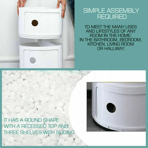 Moderne Ronde Opbergkast – 3 Lagen – Compact Nachtkastje – ABS Kunststof – Stijlvolle Bijzettafel met Schuifdeuren – Woonkamer, Slaapkamer &amp; Badkamer – Wit