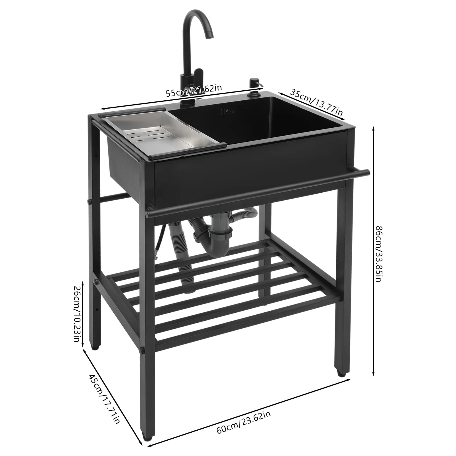 Vrijstaande Keukenspoelbak – Spoelbak, Wasbak, Keukenspoelbak, Inloopbak – Zwart, Rechthoekig – 201 Roestvrij Staal, 360° Draaibare Kraan – 60x45x86 cm, Inclusief Accessoires - QUORE