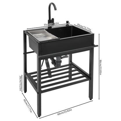 Vrijstaande Keukenspoelbak – Spoelbak, Wasbak, Keukenspoelbak, Inloopbak – Zwart, Rechthoekig – 201 Roestvrij Staal, 360° Draaibare Kraan – 60x45x86 cm, Inclusief Accessoires - QUORE