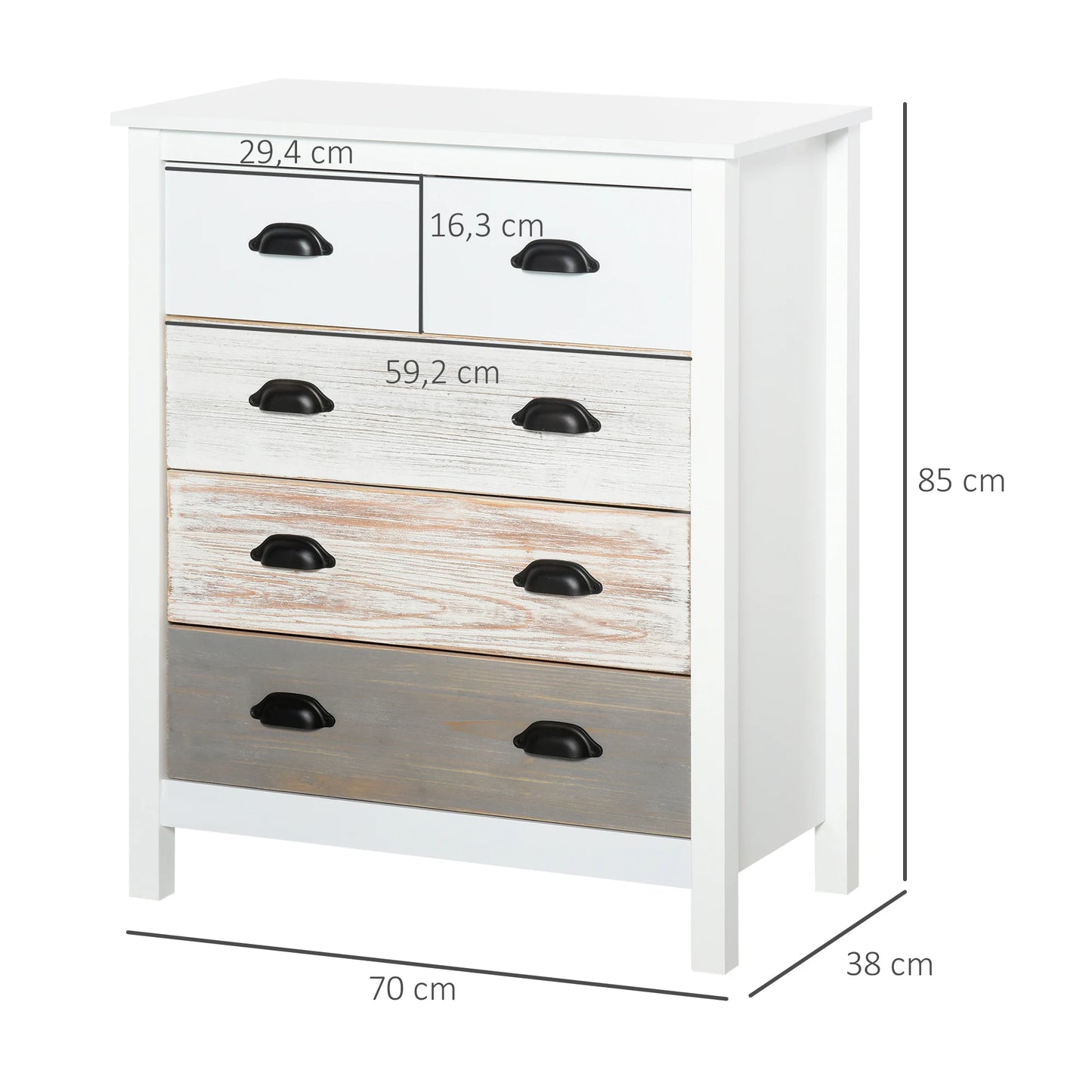 Vintage Ladekast – Ladekast Met Laden – Opbergkast – Kast Met Poten – MDF En Dennenhout – Vijf Lades – Kleurenmix
