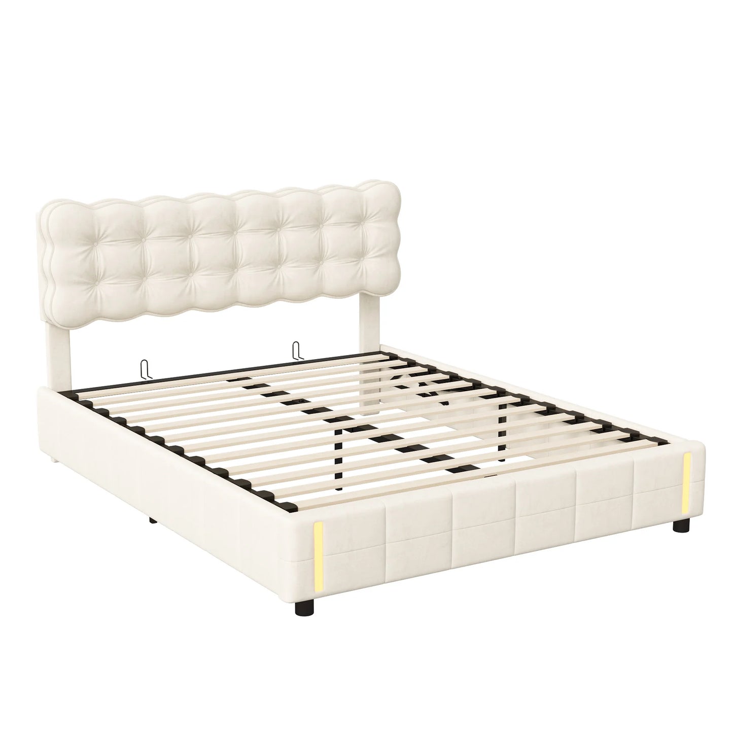 Bedframe – Gestoffeerd Bed – Velvet Bed – Opbergbed – Hydraulisch Liftbaar – Instelbare LED-Verlichting – Hout Metaal MDF - 140 x 200 cm