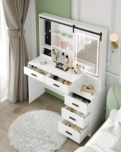 Kaptafel – Make-uptafel – Schminktisch – Dresser – Sieradentafel – Wit – Verstelbare LED-verlichting – Grote Schuifspiegel