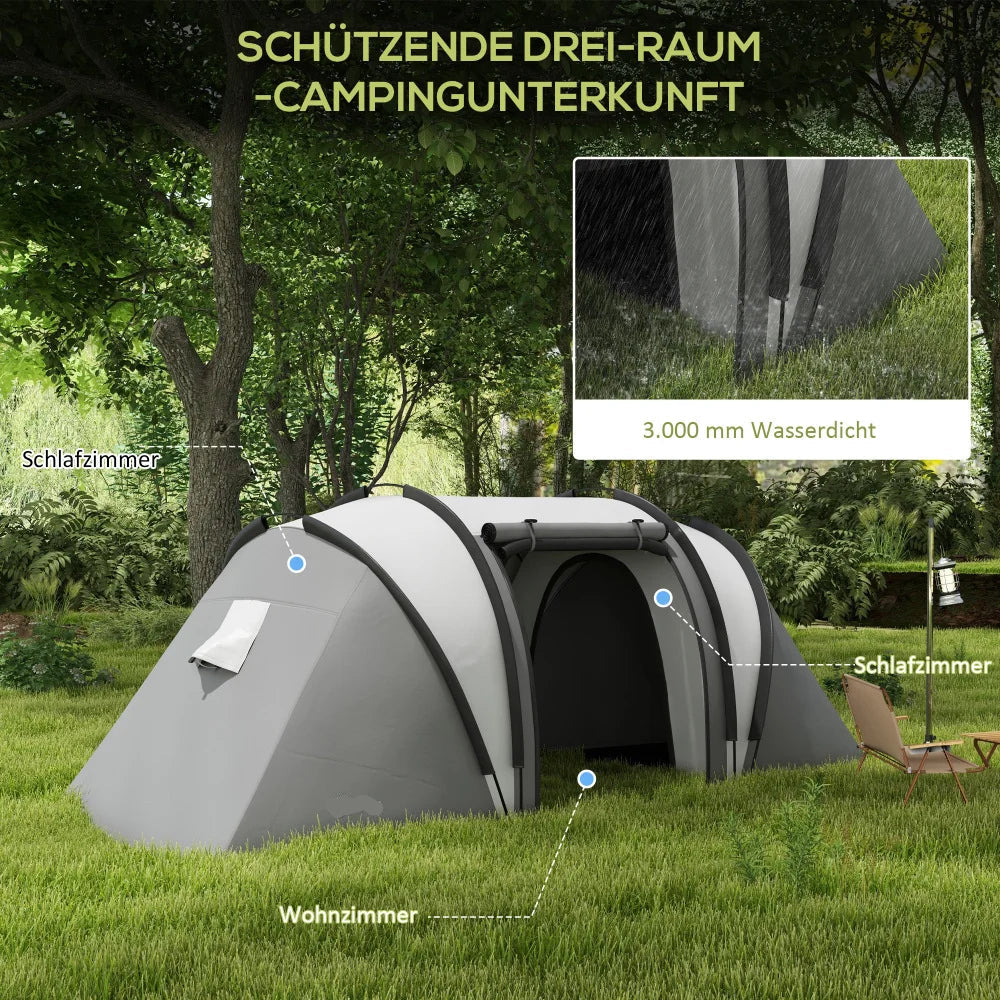 Tent – Familietent – Kampeertent – Tunnelvormige Tent – 4-5 Personen – Waterdicht 3000 Mm – Twee Aparte Slaapcabines - 450 x 220 x 180 cm - Donkergrijs