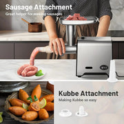 Meat Grinder - Food Processor - Personal Mini Blender Mixer - Juicer Dry Grinder - Sausage Grinder - Heavy Duty Hard Meat Grinder - 350W(1500W Max) - Food Grinder with Blade and 3 Plates - Silver