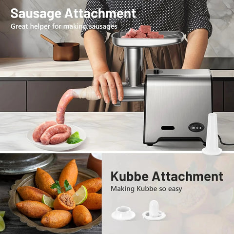 Meat Grinder - Food Processor - Personal Mini Blender Mixer - Juicer Dry Grinder - Sausage Grinder - Heavy Duty Hard Meat Grinder - 350W(1500W Max) - Food Grinder with Blade and 3 Plates - Silver