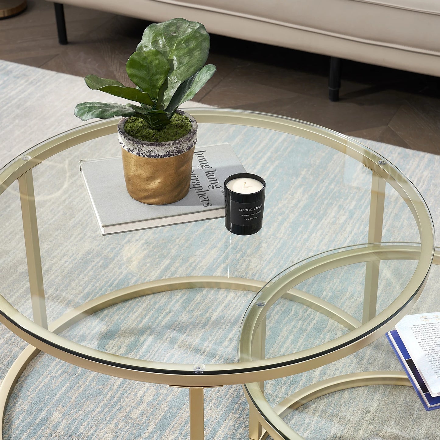 Set van 2 Ronde Bijzettafels – Luxe Ronde Salontafels – Bijzettafels van Metaal met Gehard Glas – Stijlvolle Koffietafels – Goudkleurig Frame – Moderne Tafels – 60 cm & 40 cm Diameter