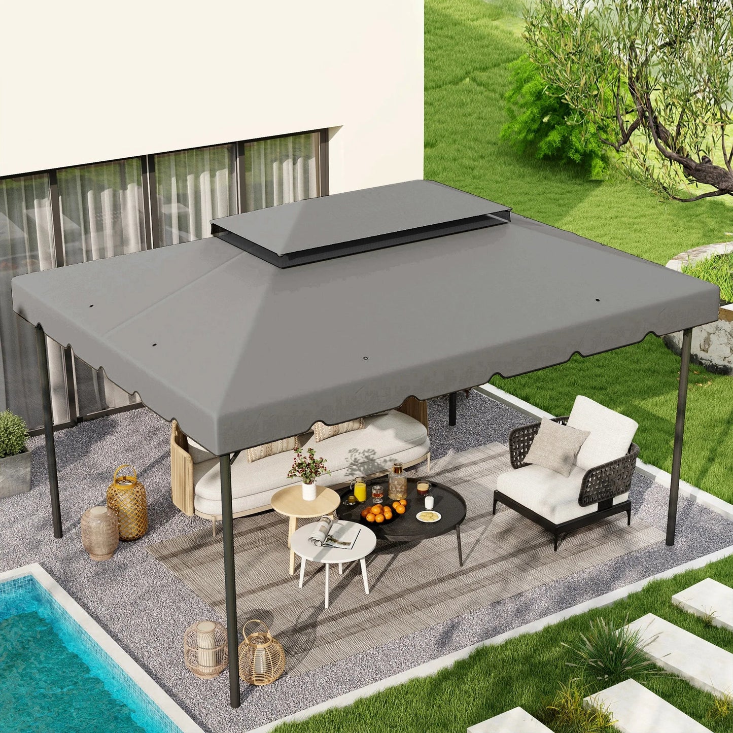 Gazebo - Tuin Dak - Reservedak - 2 Niveaus - Pergola Awning - met 180 g/m² Ademend Anti-UV Polyesterweefsel - PA-Coating - 10 Drainagegaten - Stevig - Durzaam - voor Tuin - Buiten - 3 x 4 m - Lichtgrijs