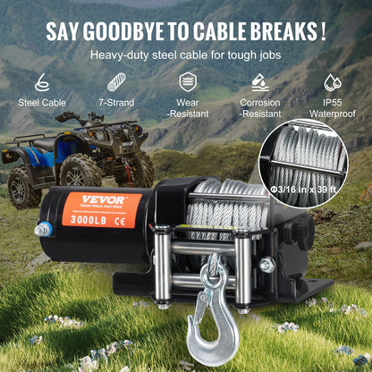 Electric Winch - Winch - Tackle - Electric Hoist - Wire Rope Winch - 3000lbs - with 39 ft Cable Reel - Wired Remote Control - for Off-Road Towing