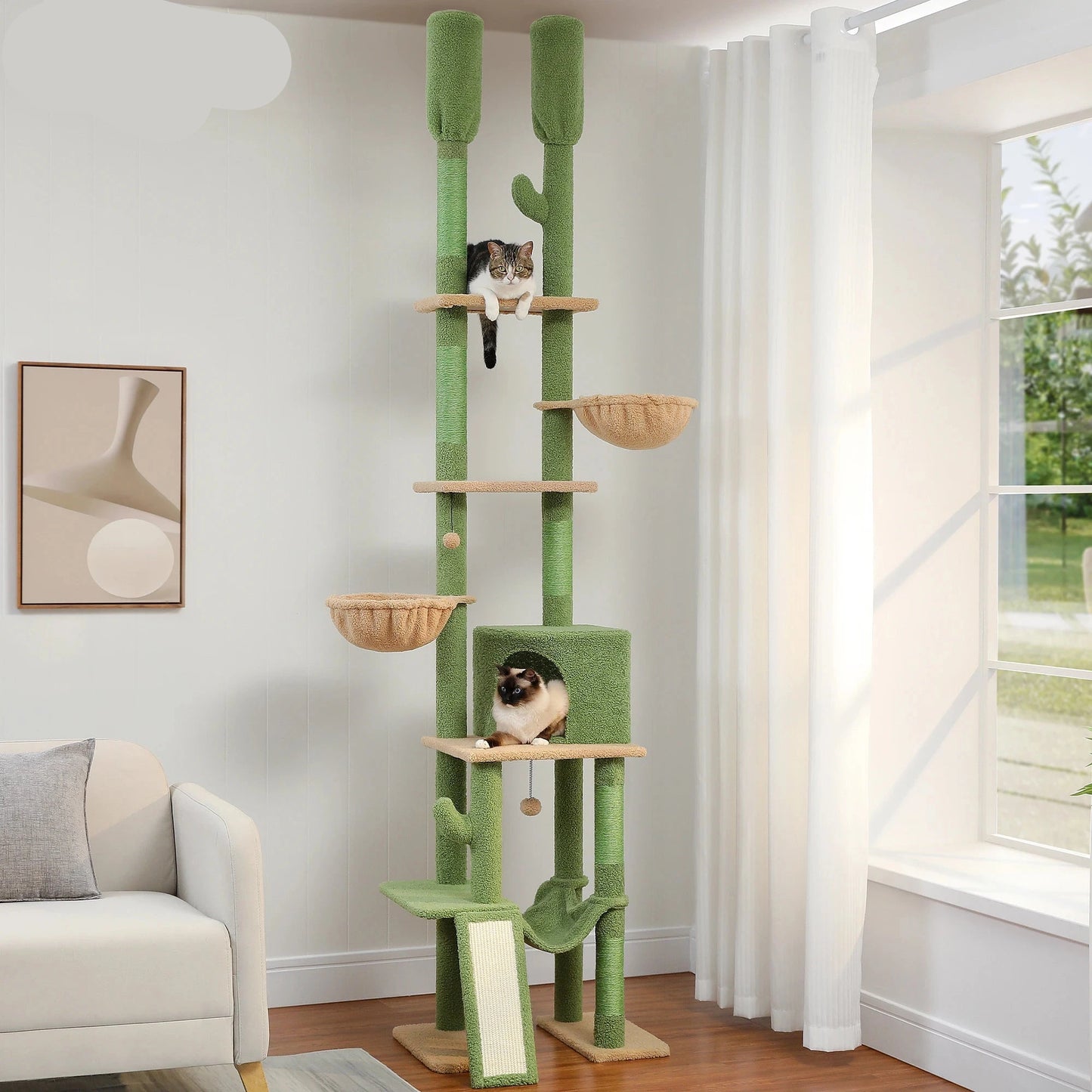 Kattenboom – Krabpaal - Katten Klimmuur - Kattenmeubel - met Hangmatten en Huisjes - Verstelbare Hoogte - 216-285cm - Sisal Krabpalen - Groen