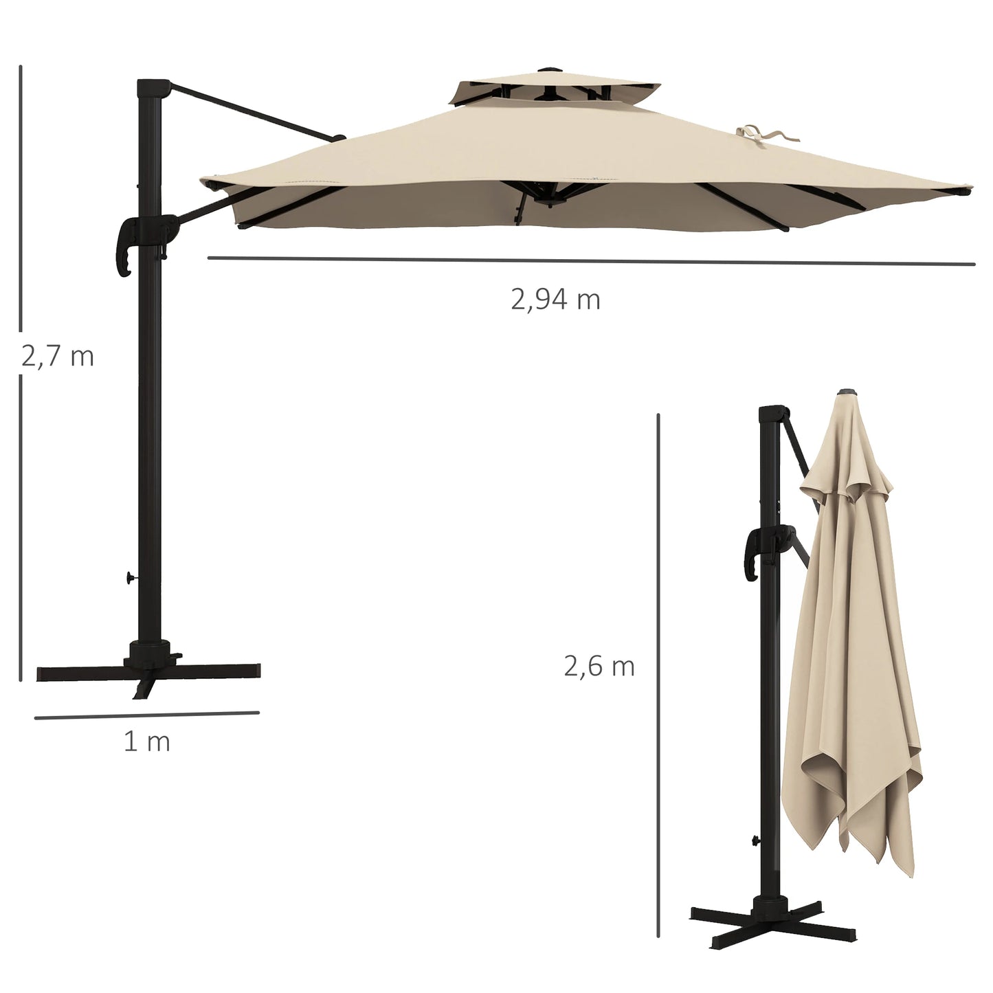 Tuinparasol – Zonwering – Buitenscherm – Parasol – Schaduwdoek – 300x300 cm – 360° Draaibaar – Aluminium Frame - Khaki