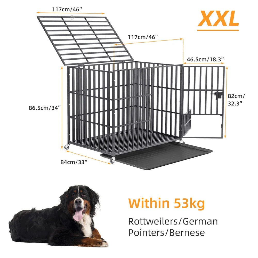 Hondenbench – Grote Hondenkennel – Stalen Bench – Ruime Dog Crate – Vierkante Metalen Buizen – Dubbele Veiligheidssloten – Uitneembare Bak - XXL