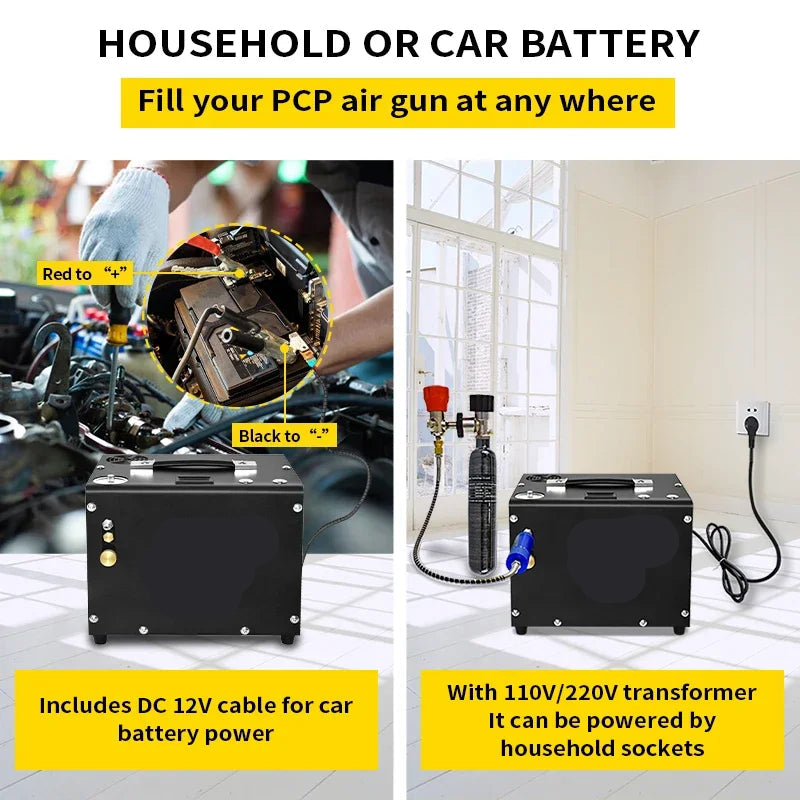 Luchtcompressor - Compressor - Luchtpomp - Air Compressor - 4500Psi - 300bar - PCP - Hoge Druk Compressor – Ingebouwde 12V Voedingsadapter – Geschikt voor Scuba Tanks en Luchtgeweren – Auto Stop Versie – 220V
