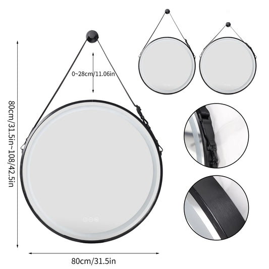 Badkamerspiegel - Ronde LED - Wandspiegel - met Anti-Fog Functie - Dimbaar en Aluminium Frame - Hoogwaardig HD Glas - Waterbestendig - Zwart 80CM