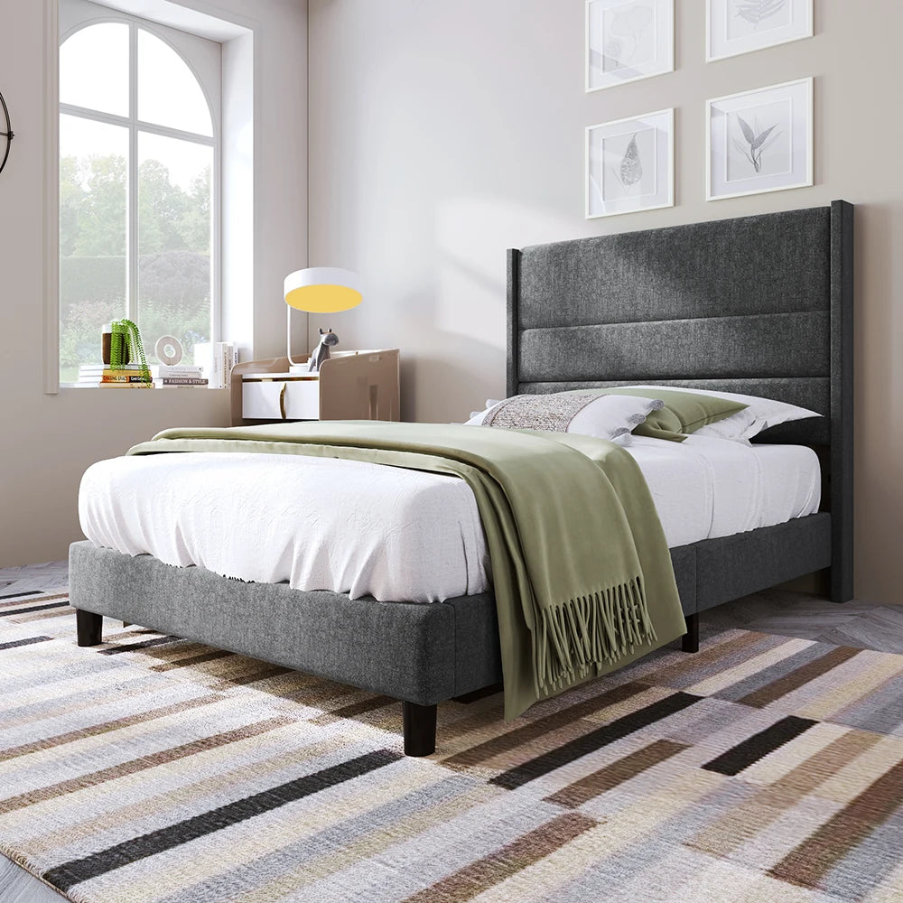 Bed 90x200 cm – Eenpersoonsbed – Slaapbank – Bedframe – Gestoffeerd Bed – Donkergrijs Linnen – Gestoffeerd Hoofdbord – Stevig Metalen Frame - QUORE