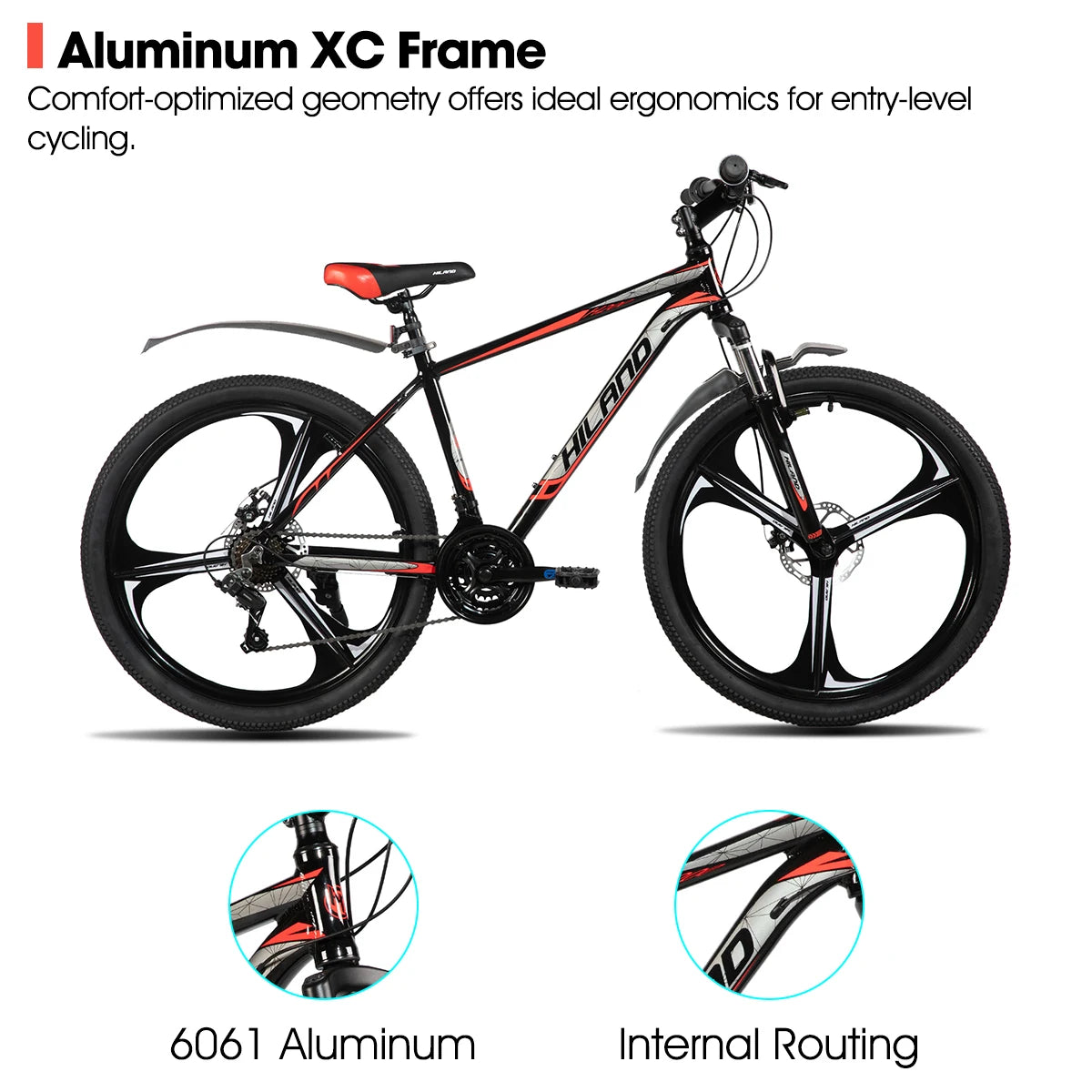 HILAND Mountain Bike, 3 Spokes, 18 Speeds Drivetrain, Aluminum Frame 26 Inch Wheels, Disc-Brake Bike for Men Women Men's MTB - QUORE