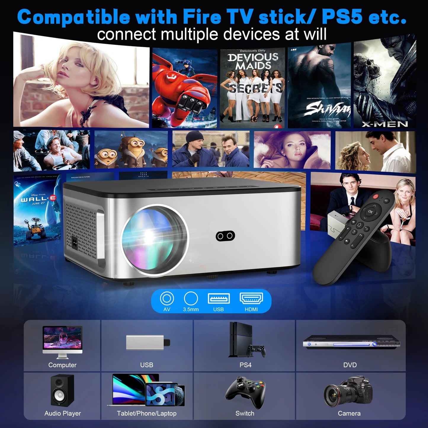 Mini Beamer - Projector - Digitale Beamer - Draagbaar - 1080P - LED - Met Autofocus - 26000LM - Android 4K Projector - 8K Video - HiFi Audio - 800 ANSI - 95W - 2.4/5GHz WiFi - Android 9.0 system - Zwart/Grijs