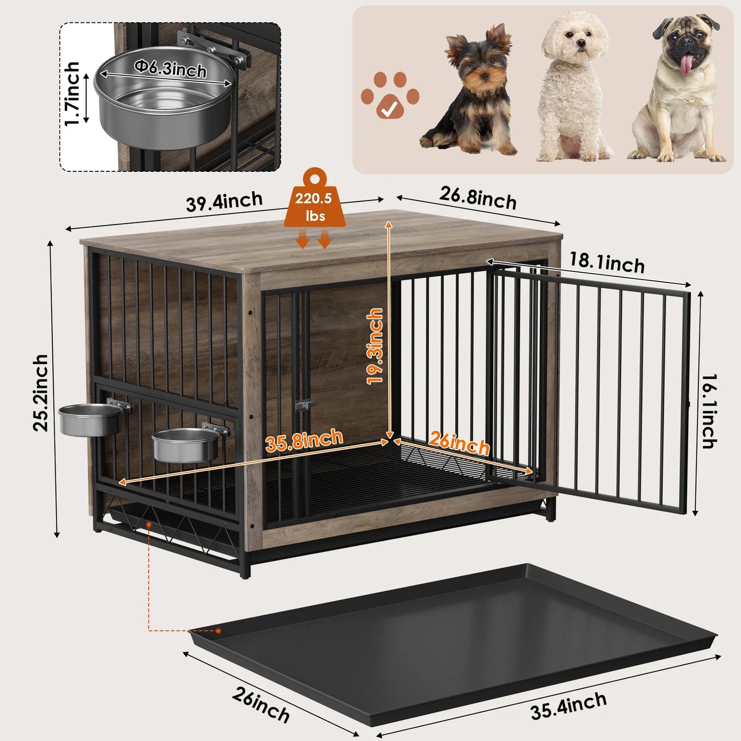 Houten Hondenkennel – Hondenbench – Hondenkooi – Hondenhok – Hondentuin – 2 Verstelbare Roestvrijstalen Voederbakken – Robuust MDF En Stalen Frame – Geschikt Voor Middelgrote Honden - 39inch - Grijs - QUORE